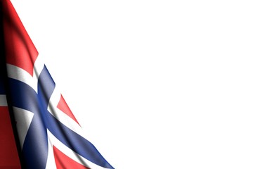 beautiful anthem day flag 3d illustration. - isolated illustration of Norway flag hanging diagonal - mockup on white with place for your content