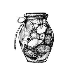 Fruits of olives in a jar. Harvesting and harvesting. Hand drawn vector illustration design for banner design, template, cosmetic products, business cards, advertising, menu, print.