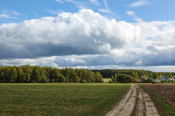 Fototapeta na wymiar Green field with a country road and sky with clouds. Russia