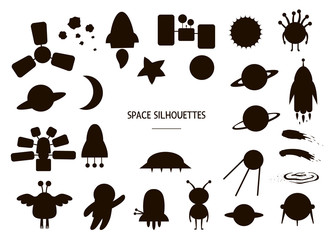 Vector set of space silhouettes. Black and white illustration of ufo, planet, rocket and other cosmic objects. Funny cute astronomy themed stencils..