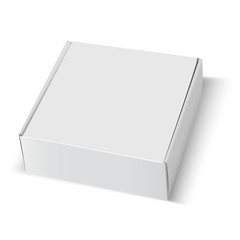 Box mockup. White cardboard package square blank. 3d carton paper closed template design isolated. Fast restaurant food delivery container illustration. Editable rectangle shape gift packaging