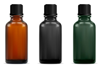 Brown glass medical bottle mockup. Pharmacy cyrup jar. Realistic blank of liquid drug vial. Vitamin or medicament container with screw cap. Essential oil transparent packaging. Prescription suspension