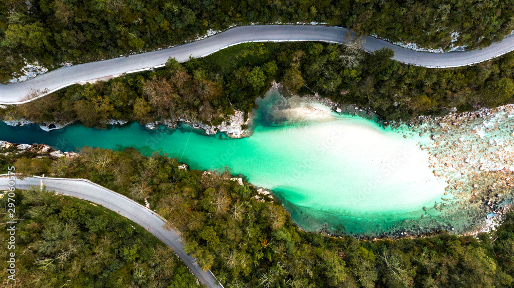Poster soca river at valley in slovenia. aerial drone top down view - Posters