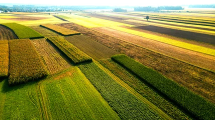 Foto op Canvas Kleurrijke landbouwgrond en schilderachtige platteland. Luchtfoto drone-weergave © marcin jucha