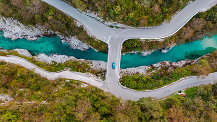 Napoleon Bridge Over Soca River in Slovenia. Aerial Drone Top Down View