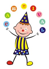 Clown with juggling balls, funny vector illustration, banner carnival. Colored picture on white background. One little boy at mask.