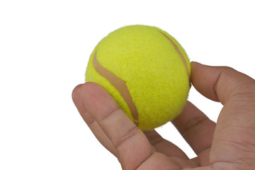 Close up man hand holding tennis ball, isolated on white background.