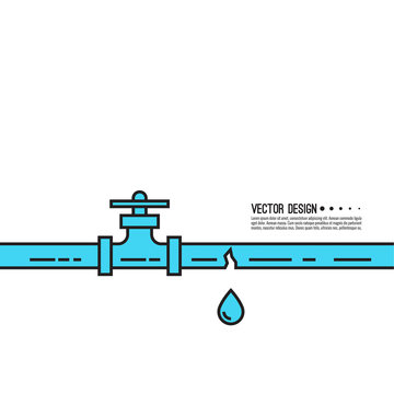 Leaking water pipes. Broken pipeline with leakage, dripping fittings. Vector illustration