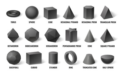 Realistic 3d basic shapes. Sphere shape with shadow, cube geometry and prism model in perspective. Basic geometric hexagonal, cylinder and pyramid forms. Concept isolated vector illustration icons set