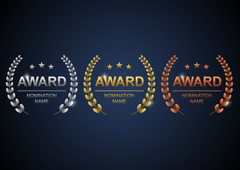 Awards logotype set. Gold, silver and bronze with blue background. Vector illustration
