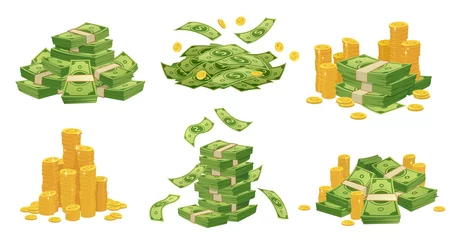 Fotobehang Cartoon money and coins. Green dollar banknotes pile, golden coin and rich. Bank debt bill investment, earnings treasure or jackpot money capital. Isolated vector illustration icons set © Tartila