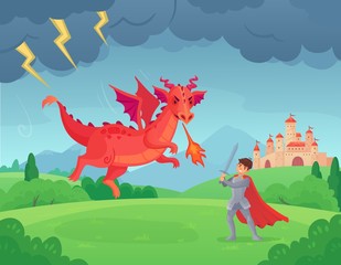 Cartoon fairytale knight fights dragon. Swordsman fighting evil monster, hero battle with dragons medieval legend. Good and bad character fantastic battlefield war scene vector illustration
