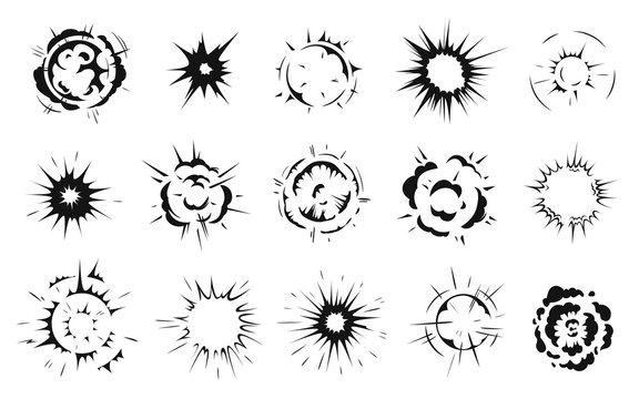Radial explosion silhouette. Exploding bursts, round explosions cloud and exploded bomb effect black silhouettes. Explosion burst dust, power bombs explode effect. Isolated symbols graphic vector set