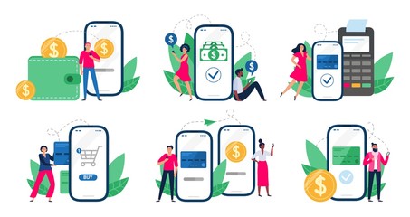 Mobile payments. People with smartphones send money transfers, POS-terminal payment and financial transactions. Bank app internet transaction technology. Isolated vector illustration icons set