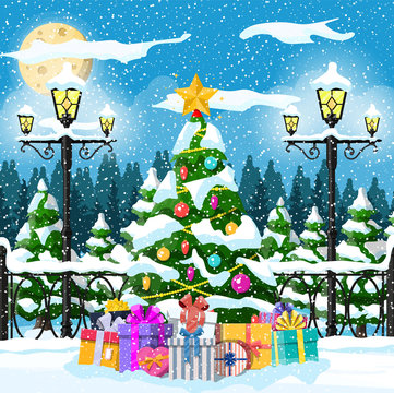 Christmas background. Christmas tree with garlands and balls, gift boxes. Winter landscape fir trees forest snowing. Happy new year celebration. New year xmas holiday. Vector illustration flat style