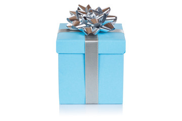 Christmas present birthday gift light blue box ribbon isolated on white