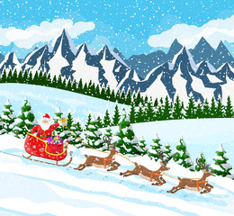 Christmas background. Santa claus rides reindeer sleigh. Winter landscape with fir trees forest mountains and snowing. Happy new year celebration. New year xmas holiday. Vector illustration flat style
