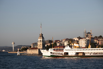 City landscape with Maiden's Tower and steamboat. It was taken during sunset.