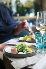 Freshly made duck salad with mango