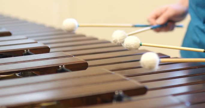 Man playing the marimba with a blue shirt