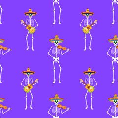 Day of the dead party. Dea de los muertos seamless pattern. Painted skeletons play musical instruments and dance.