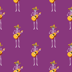 Day of the dead party. Dea de los muertos seamless pattern. Painted skeletons play musical instruments and dance.