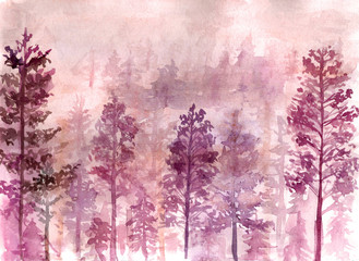 Foggy forest. Park in haze. Misty wood. Hand-drawn, watercolor, trees in dense fog.Thicket. Landscape, winter hill. Wild nature. Autumn. Forest template. Horizontal. Environment background.