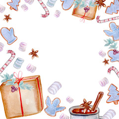 Christmas and New Year frame. Hand-drawn, watercolor gift box, christmas decorations, candy cane, holly, cacao, marshmallow, christmas coockies, angel, fir tree, mitt. Design for winter holidays card.