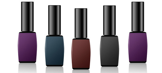 Obraz premium Set of five bottles of nail polish in different colors, illustration of varnishes in violet, brown, black and dark blue colours, choosing color for manicure, selection of enamels on white background.