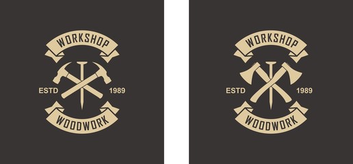 Color illustration of a logo of a workshop of wooden products. Vector illustration of a nail ax and banner with text on a black background