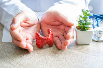 Protection, treatment, prevention and patronage health in endocrinology of thyroid gland against diseases, pathologies concept photo. Doctor surrounded thyroid gland shape with hands on desk