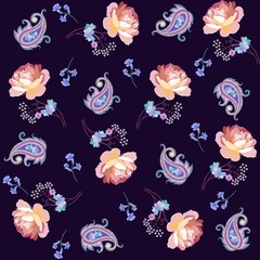 Elegance pattern with gentle garden flowers and paisley on dark purple background.
