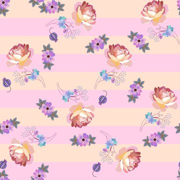 Seamless elegance pattern with beautiful flowers and little berries against gentle striped background.