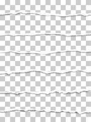 Six oblong torn transparent paper fragments placed one under another with soft shadow. Vector paper template.