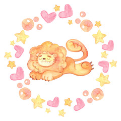 Round wreath with stars, bubbles, hearts. Colorful, bright monster isolated on a white background. Watercolor kids cartoon illustration. Hand drawn character. Template for greeting card.