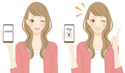 電子マネー 仮想通貨 モバイル端末を持ってショッピングをする女性 笑顔 ポイント