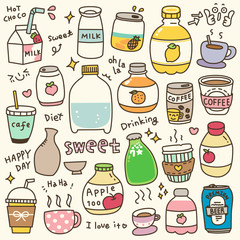 Set of Cute Beverages Doodle. Hand Drawn. Vector Illustration.
