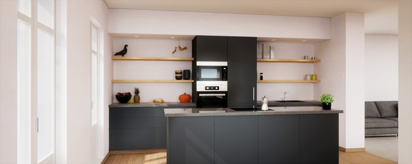 vue 3d cuisine noire avec ilôt central en granit - obrazy, fototapety, plakaty