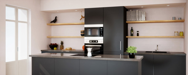 vue 3d cuisine noire avec ilôt central en granit 02 - obrazy, fototapety, plakaty