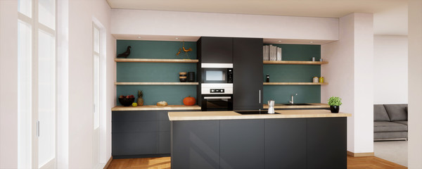 vue 3d cuisine noire avec ilôt central et mur bleu 02