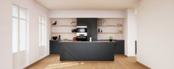 vue 3d cuisine noire avec ilôt central en granit 03