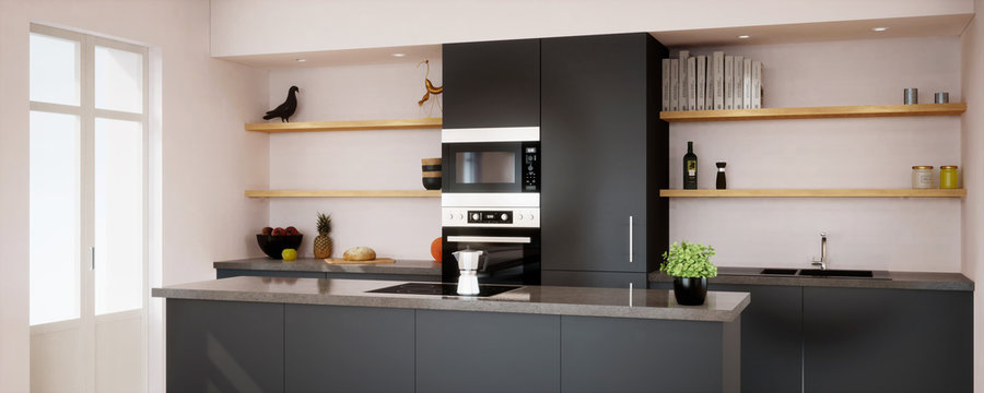 vue 3d cuisine noire avec ilôt central en granit 02