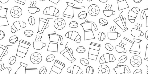 Shopping seamless pattern of line icons of coffee beans, cups, donuts, croissants, Cezve, coffee to go, package or fabric cover