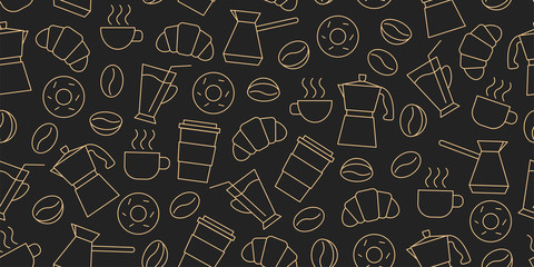 Seamless pattern of line icons of coffee beans, cups, donuts, croissants, Cezve, coffee to go, package or fabric cover