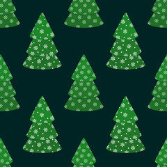 Seamless pattern Christmas trees with snowflakes on a dark background.