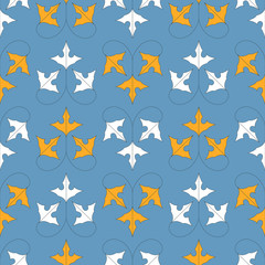 seamless pattern with orange and white leaves on blue background