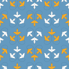 seamless pattern with orange and white leaves on blue background