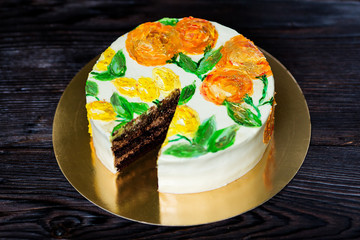 Close-up of slice of cake in citrus style.