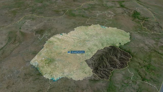 Free State - province of South Africa with its capital zoomed on the satellite map of the globe. Animation 3D