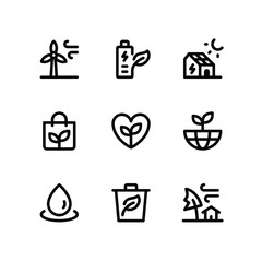 Simple Set of Ecology Vector Glyph Icons including wind turbine, eco battery, solar home, eco bag, eco friendly, eco world, water drop, eco trash, windy weather. Editable Stroke